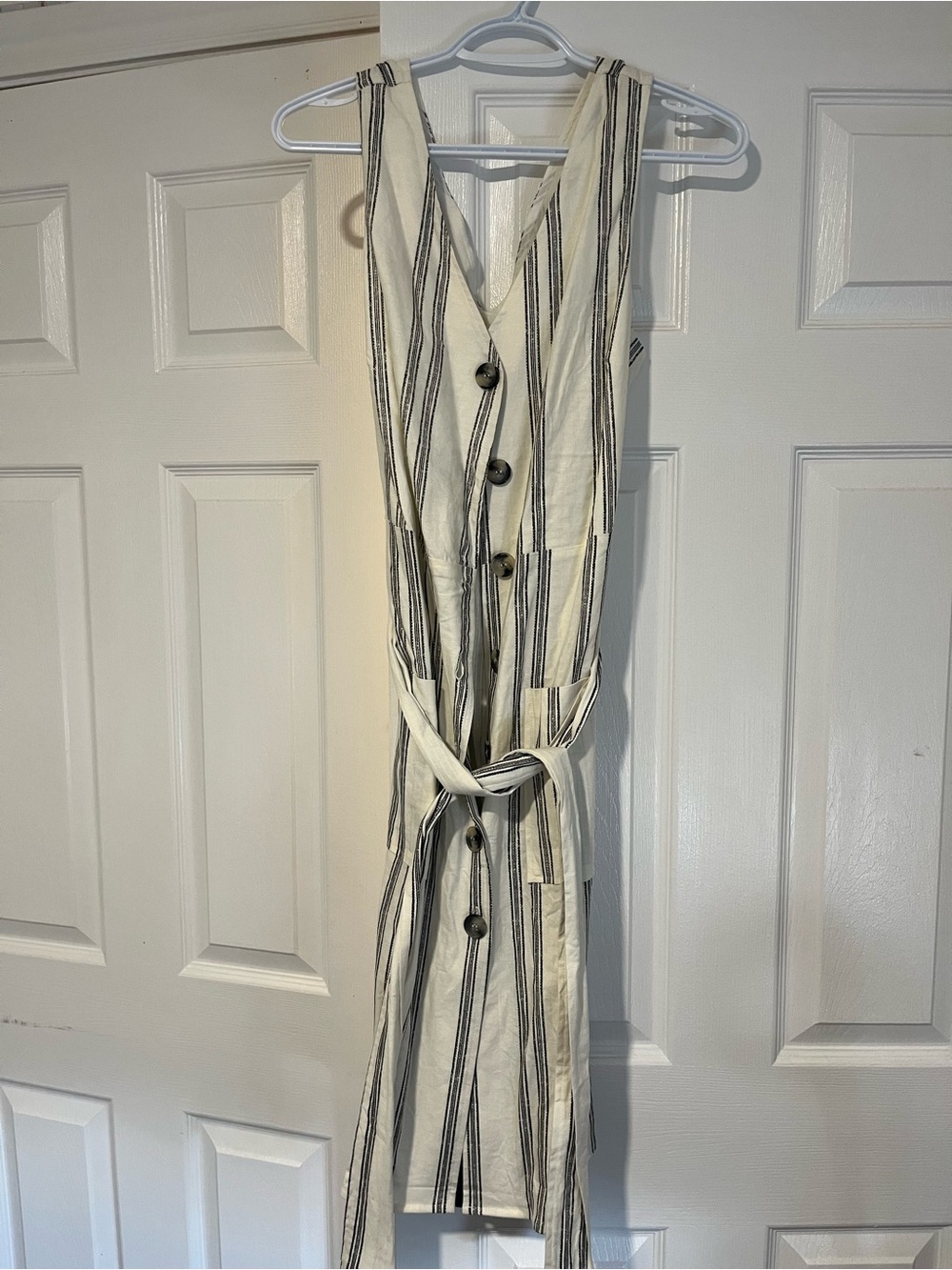 Le Château Cream and Black Striped Midi Linen Dress